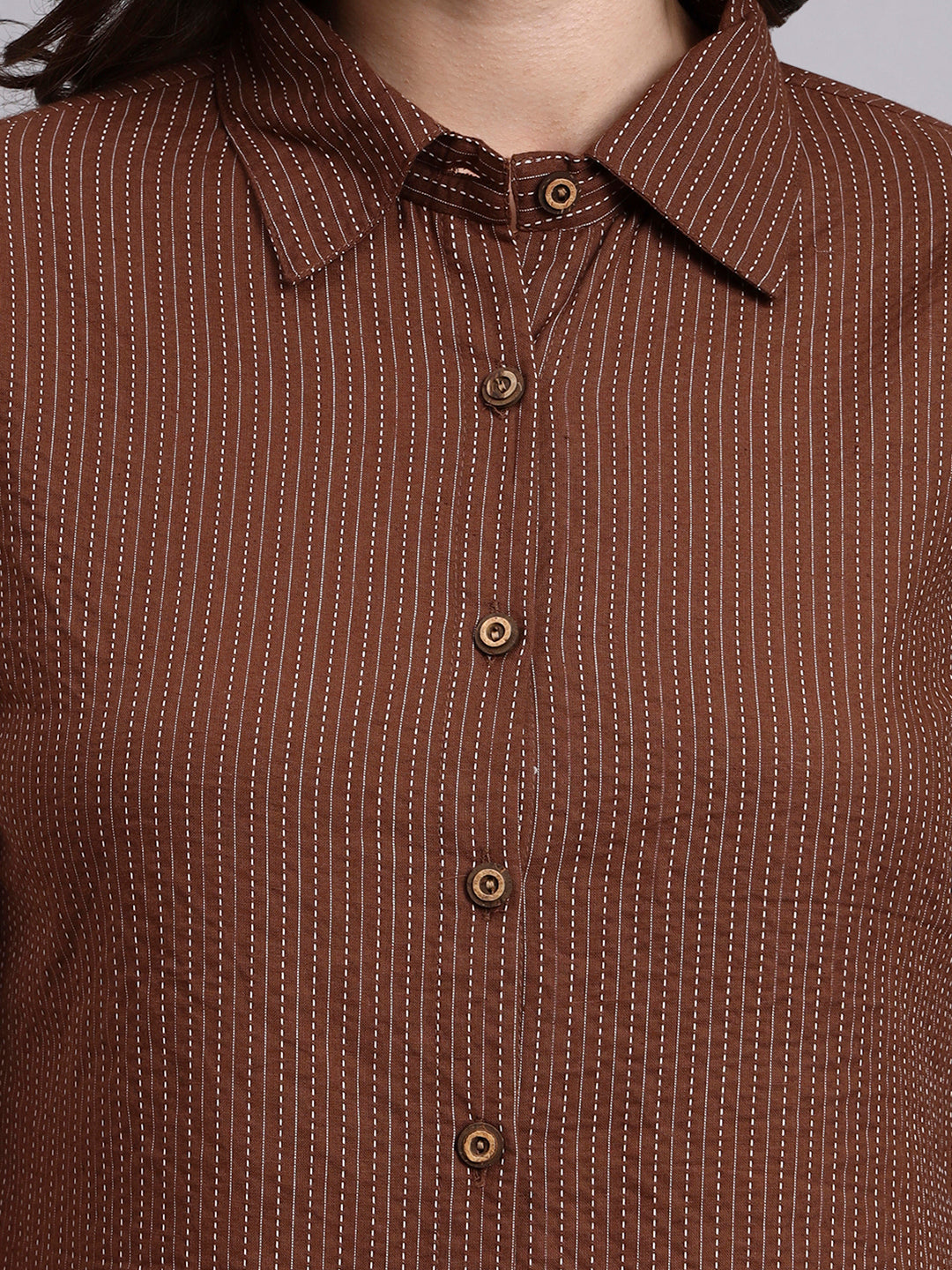 Women Brown Plain Cotton Shirt & Pant set