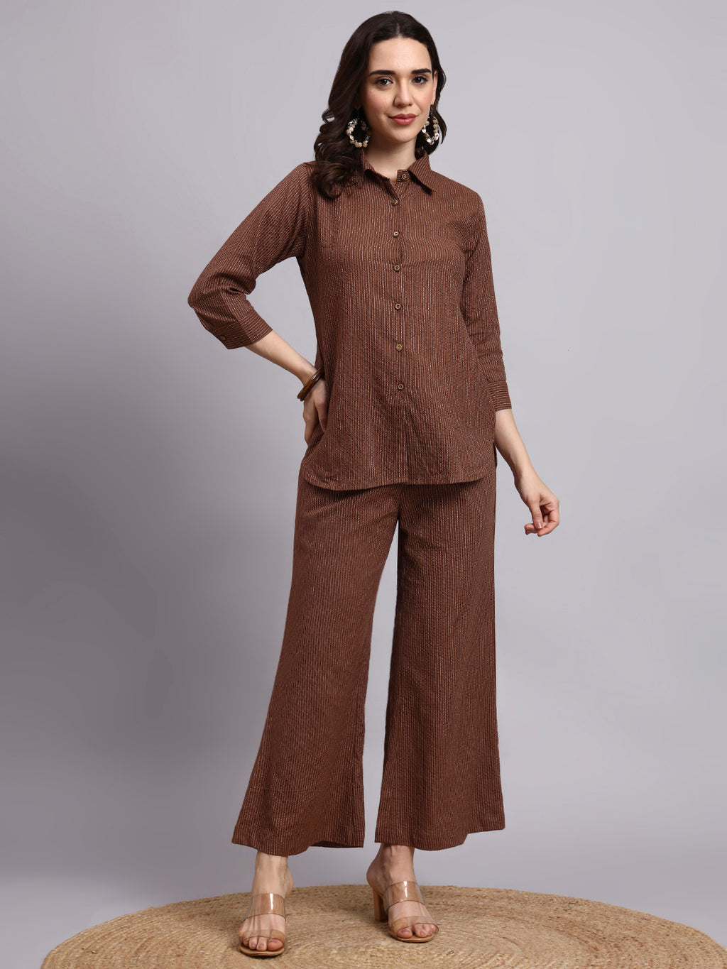 Women Brown Plain Cotton Shirt & Pant set