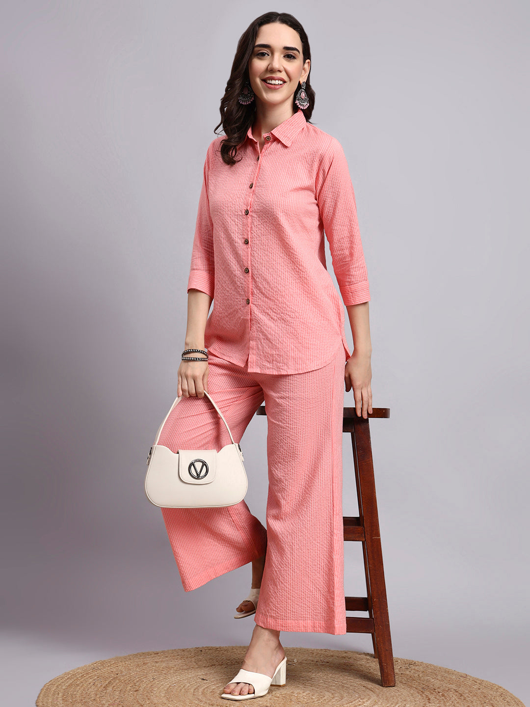 Women Pink Plain Cotton Shirt & Palazoo Set