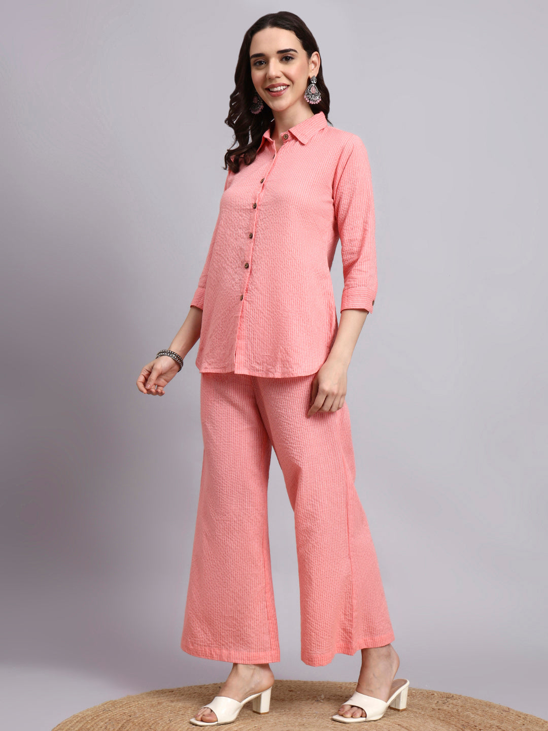 Women Pink Plain Cotton Shirt & Palazoo Set