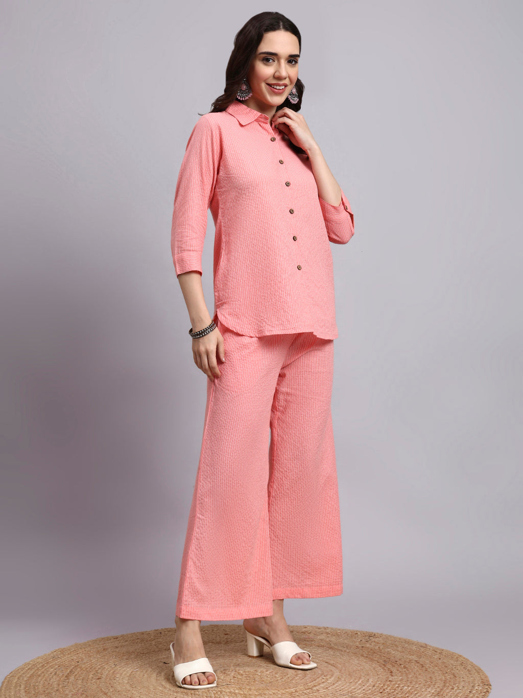 Women Pink Plain Cotton Shirt & Palazoo Set