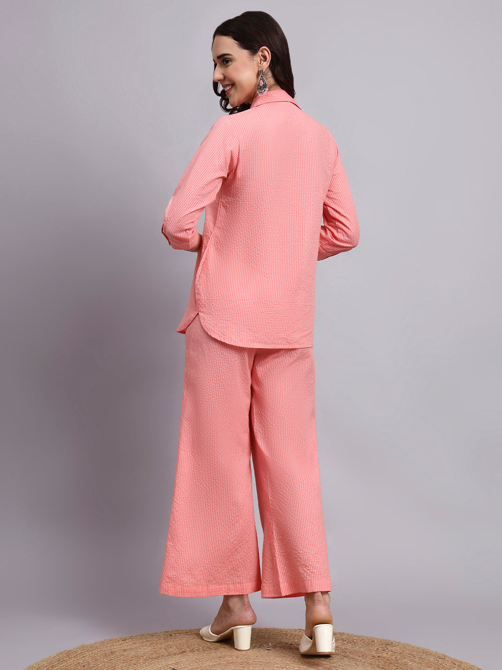 Women Pink Plain Cotton Shirt & Palazoo Set