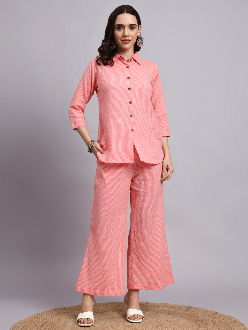 Women Pink Plain Cotton Shirt & Palazoo Set