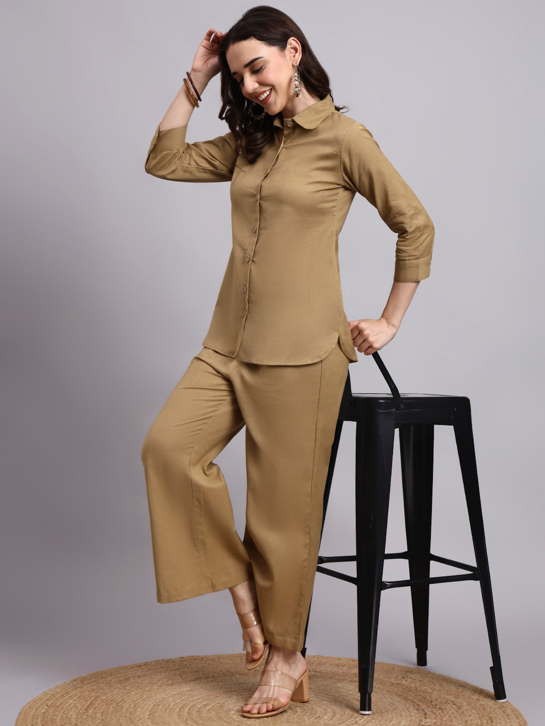 Women Khaki Plain Cotton Shirt & Pant set