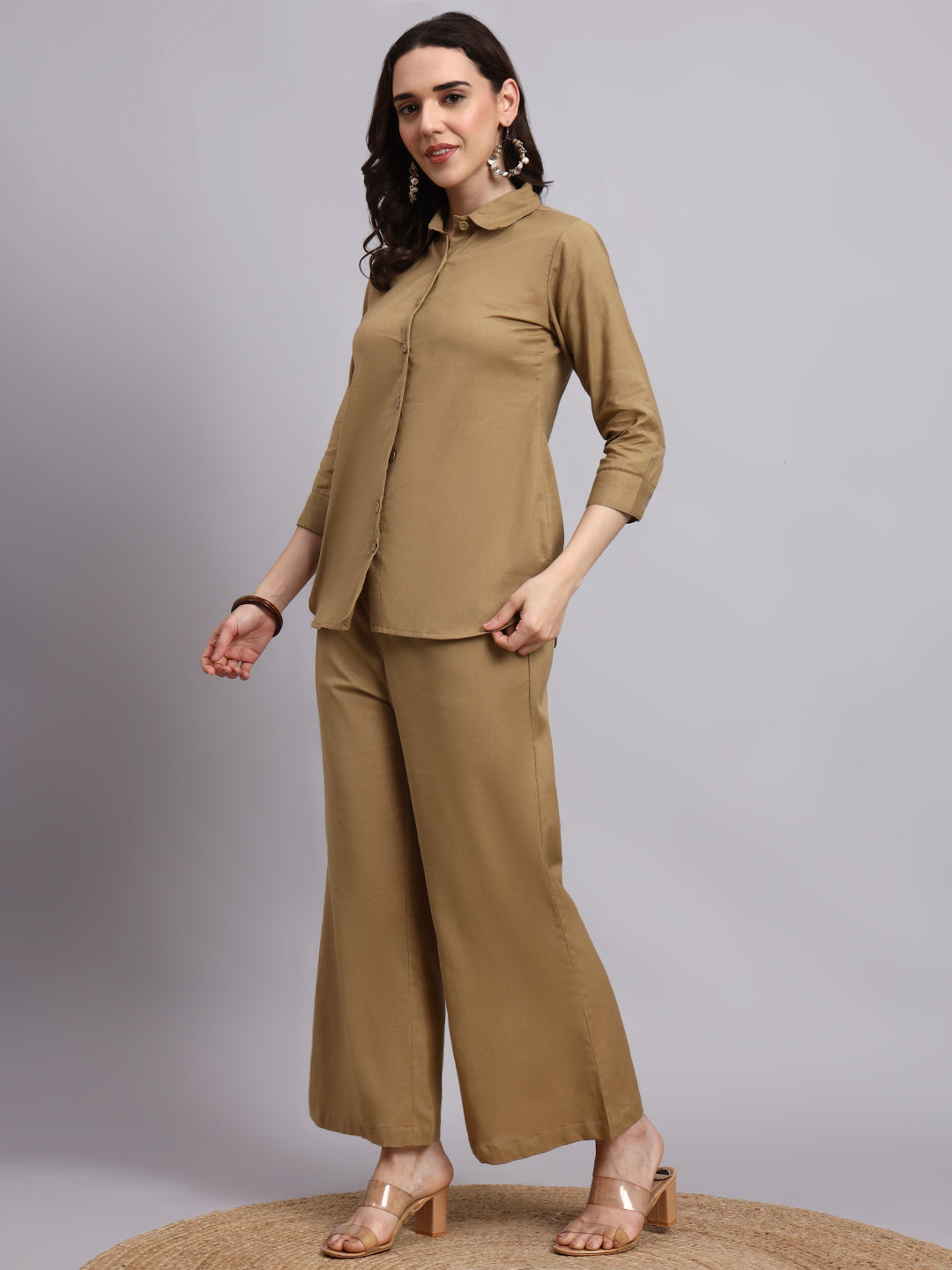 Women Khaki Plain Cotton Shirt & Pant set