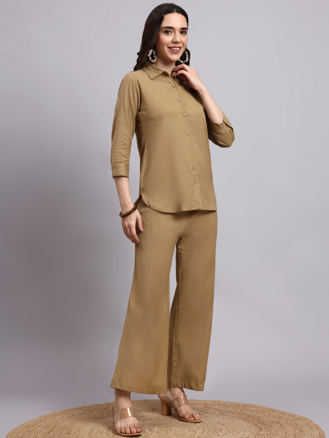 Women Khaki Plain Cotton Shirt & Pant set