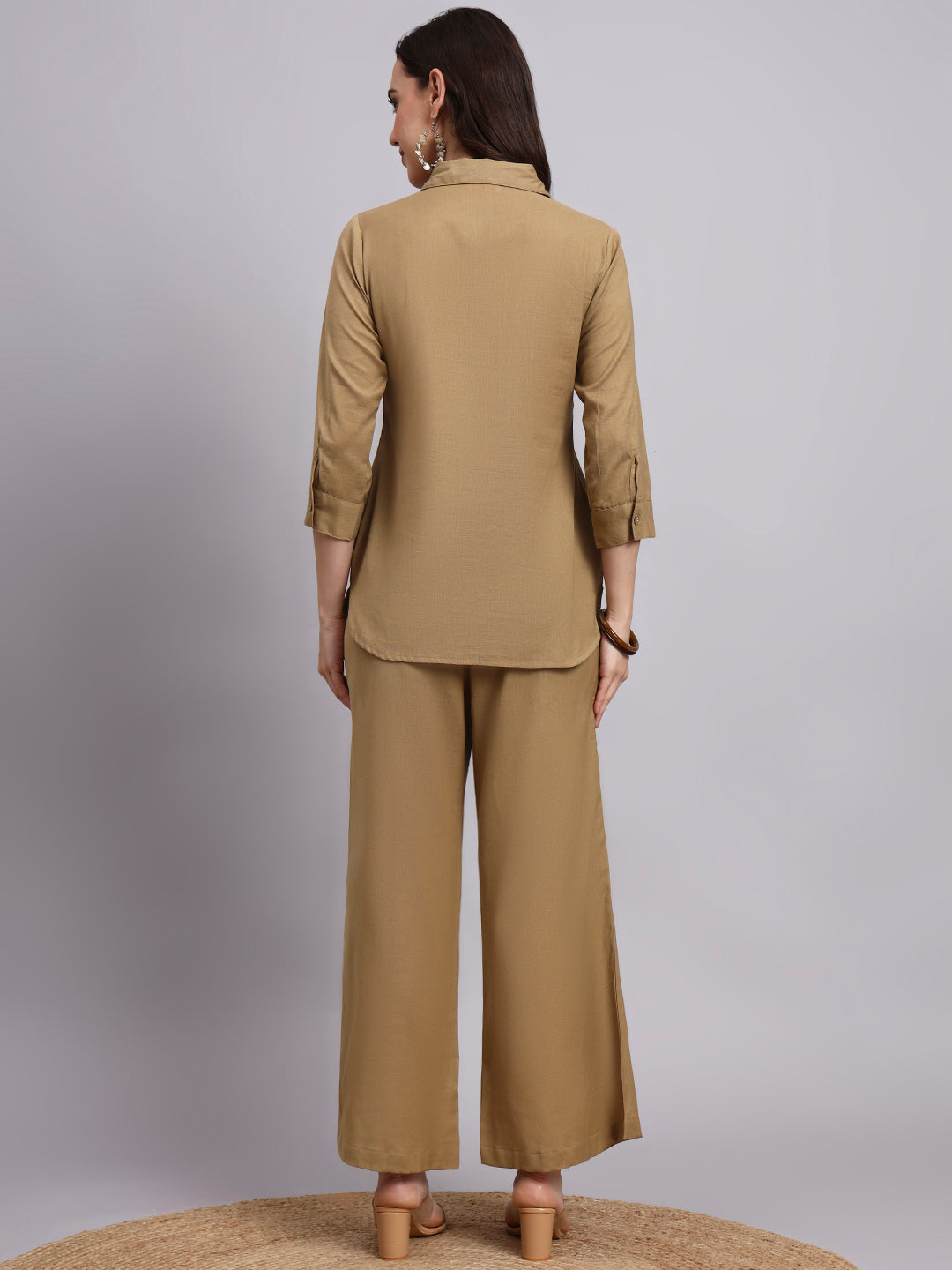 Women Khaki Plain Cotton Shirt & Pant set
