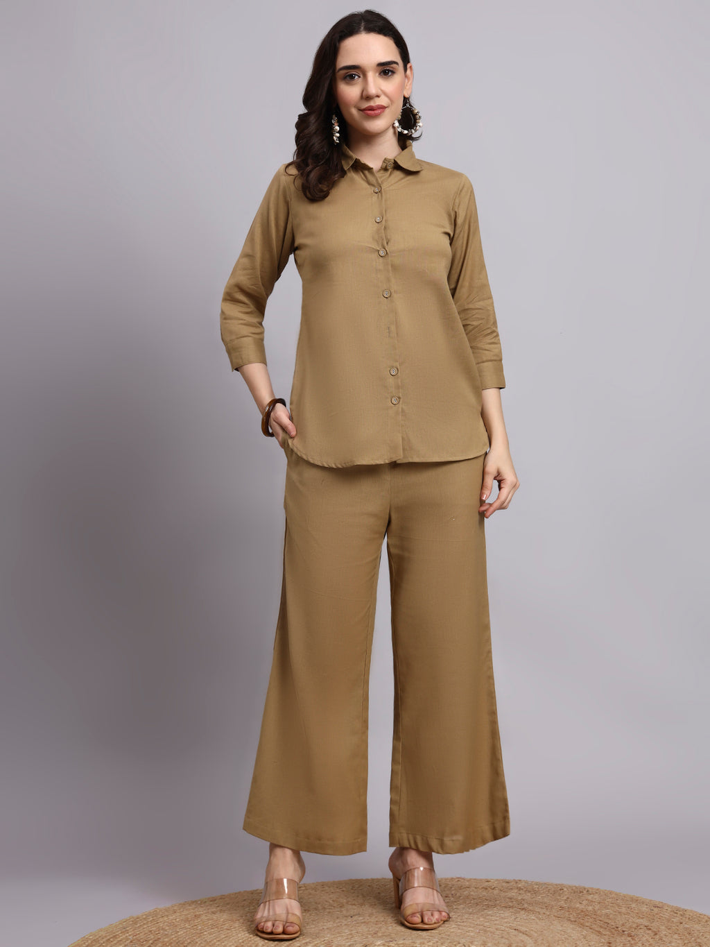 Women Khaki Plain Cotton Shirt & Pant set