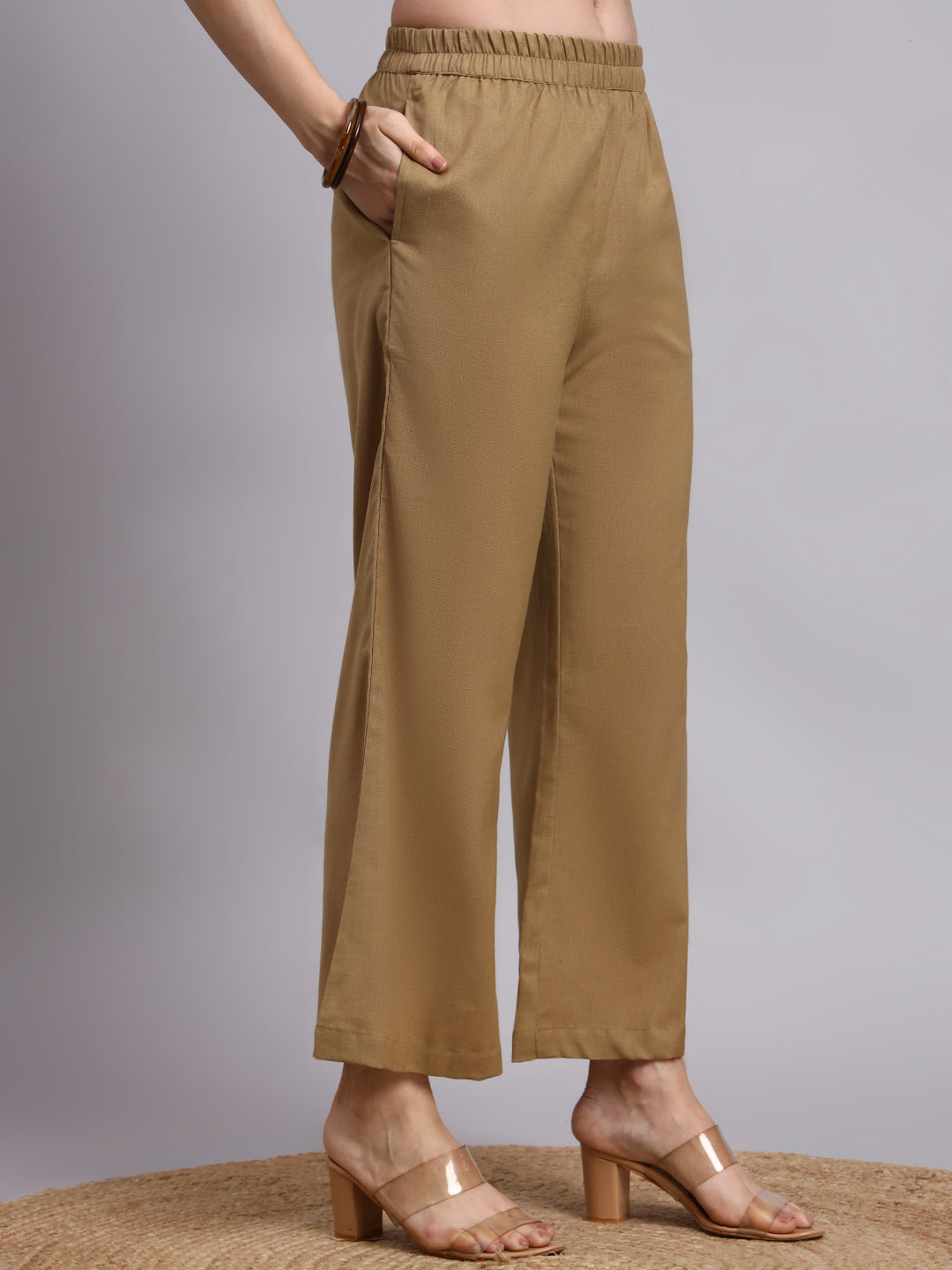 Women Khaki Plain Cotton Shirt & Pant set