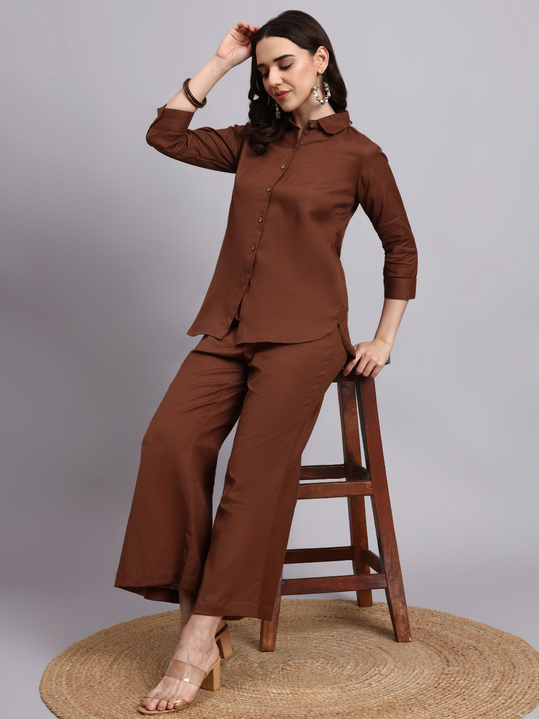 Women Brown Plain Cotton Shirt & Pant set