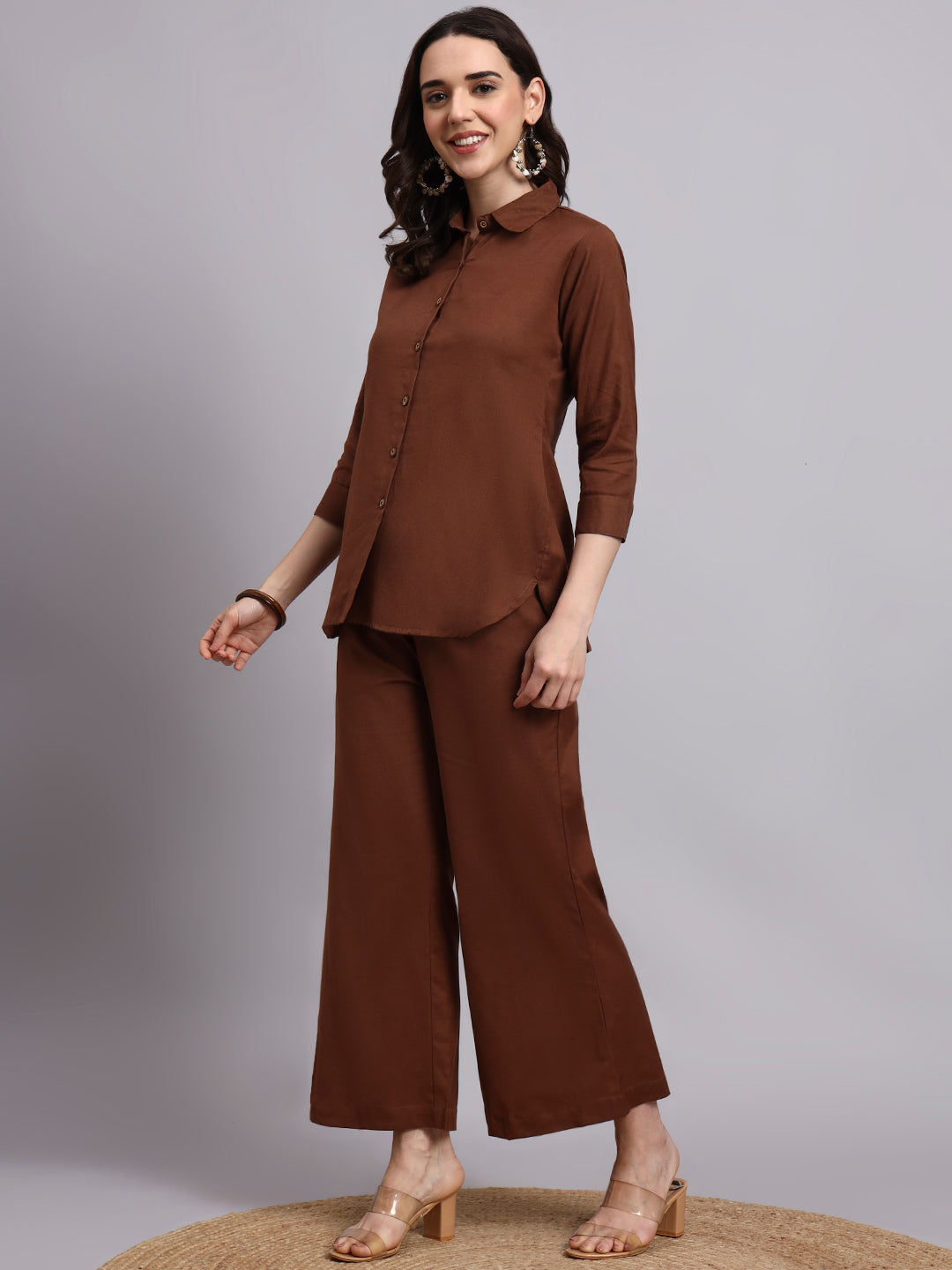 Women Brown Plain Cotton Shirt & Pant set