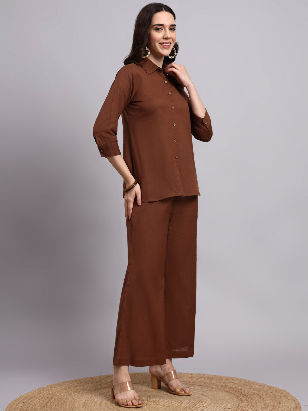 Women Brown Plain Cotton Shirt & Pant set