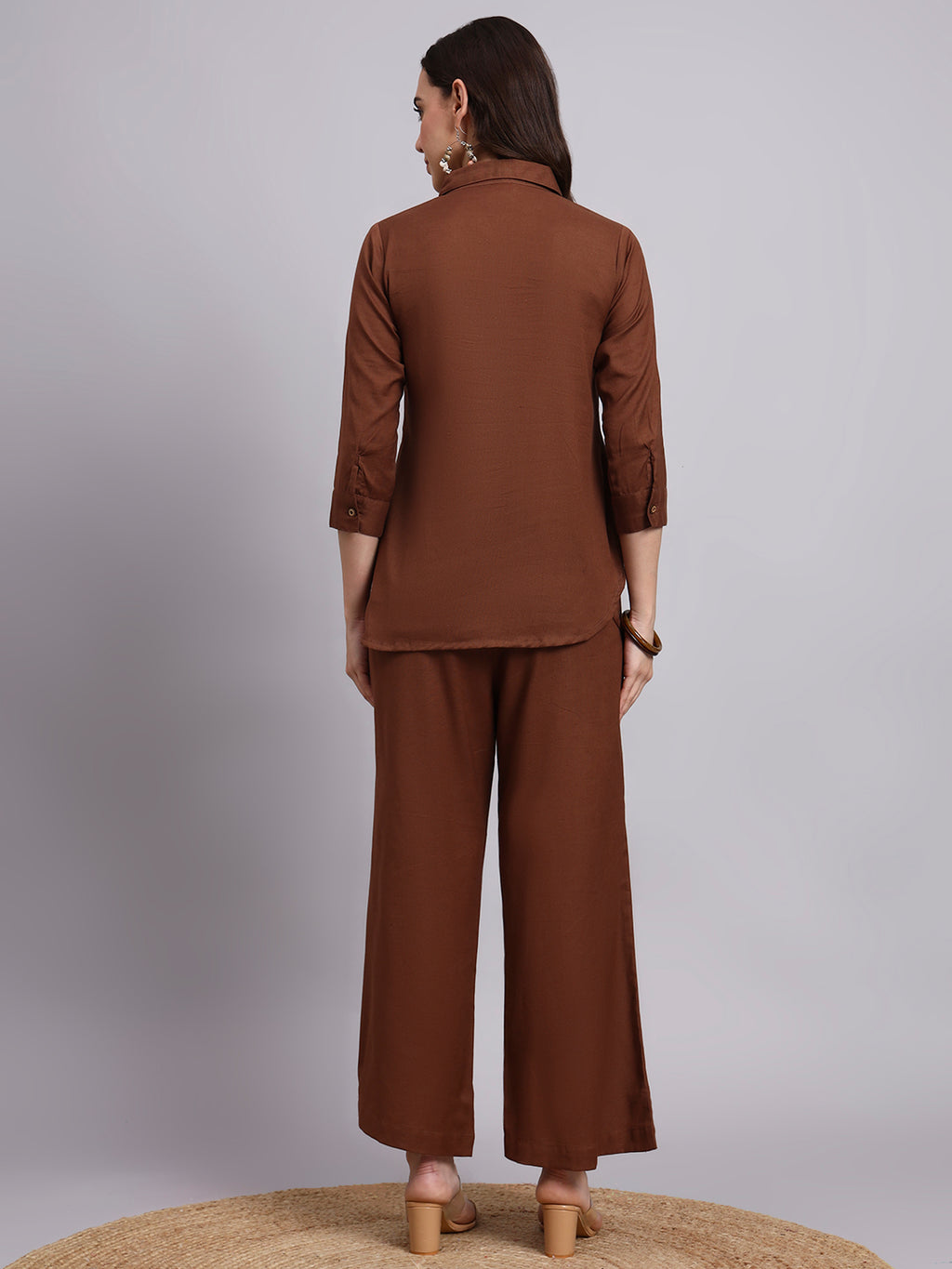Women Brown Plain Cotton Shirt & Pant set