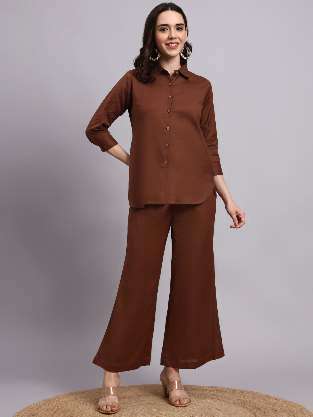 Women Brown Plain Cotton Shirt & Pant set