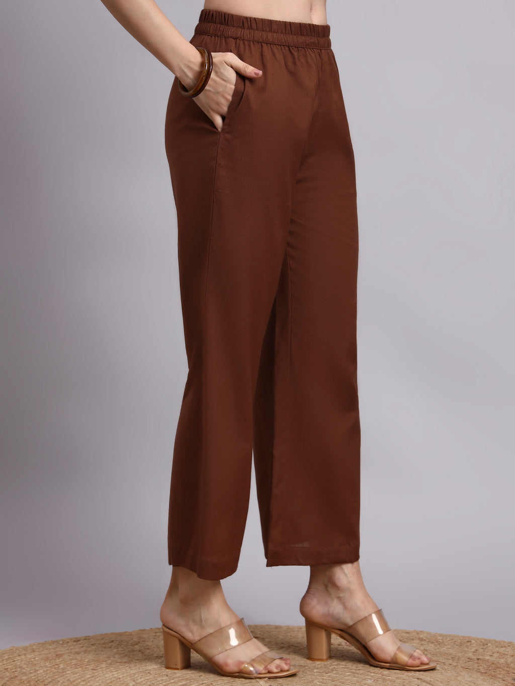 Women Brown Plain Cotton Shirt & Pant set