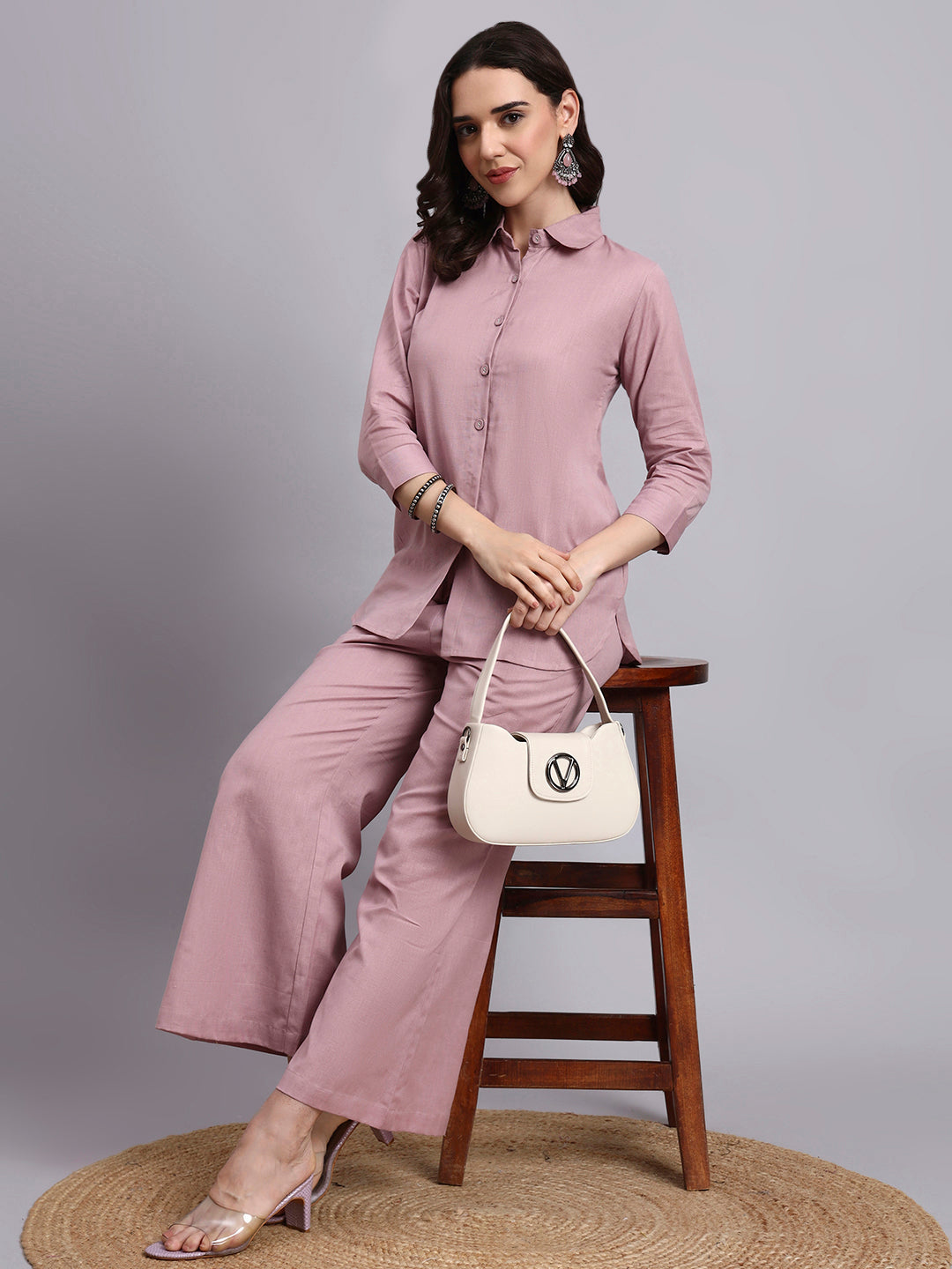 Women Peach Plain Cotton Shirt & Pant set