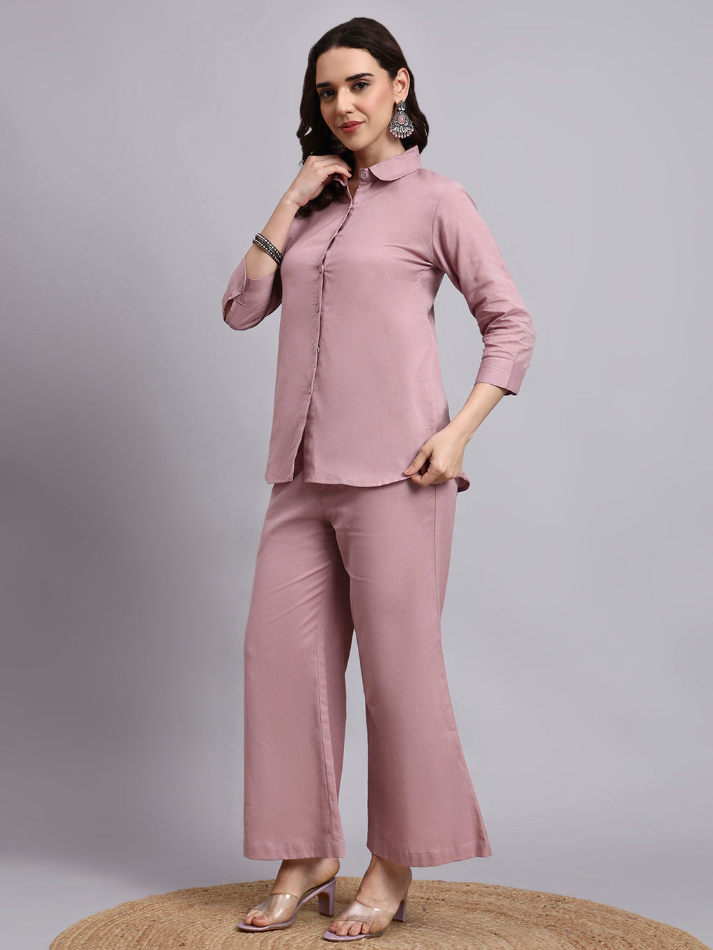 Women Peach Plain Cotton Shirt & Pant set