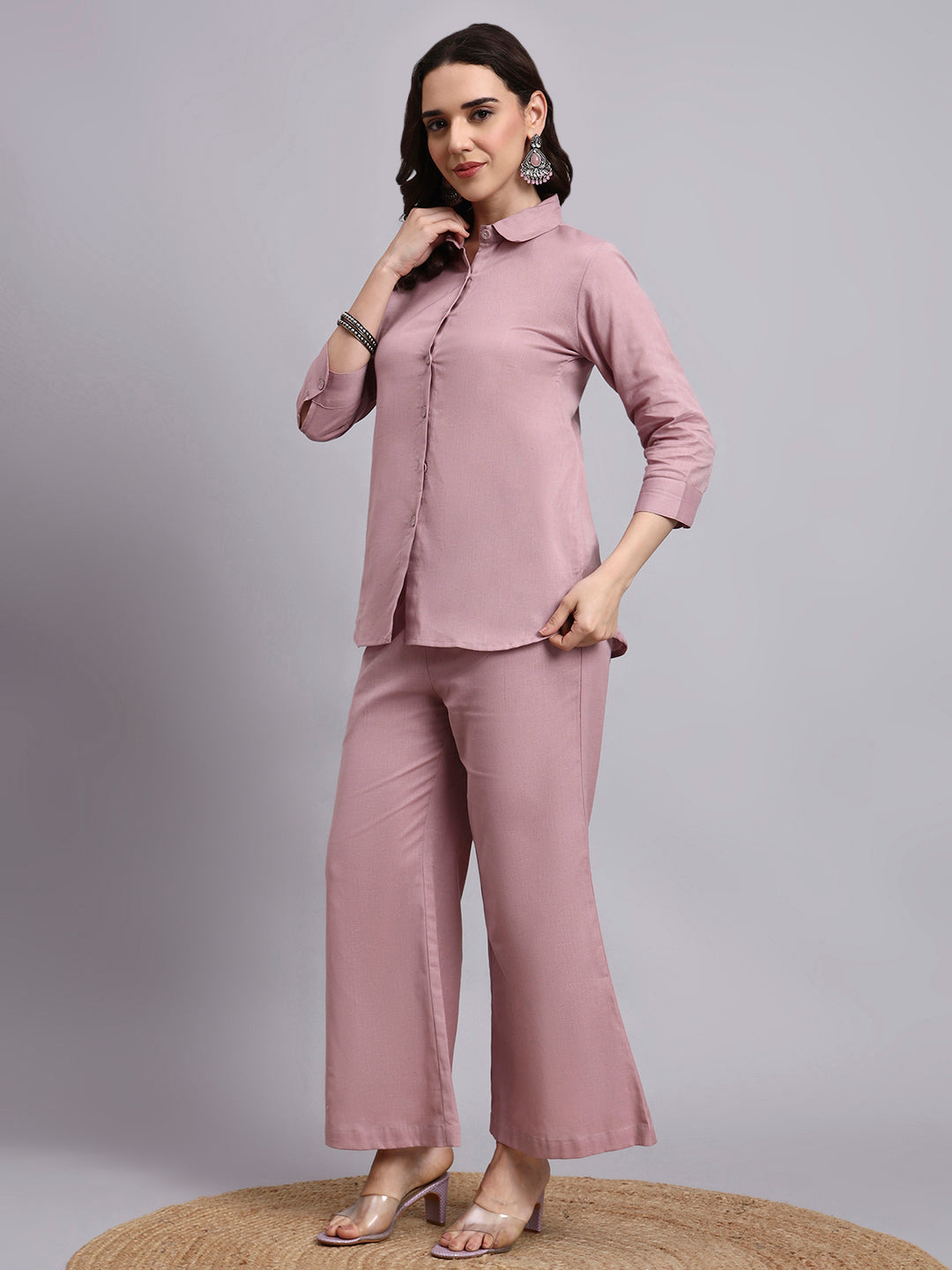Women Peach Plain Cotton Shirt & Pant set
