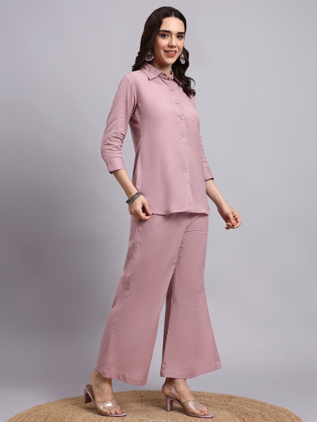 Women Peach Plain Cotton Shirt & Pant set