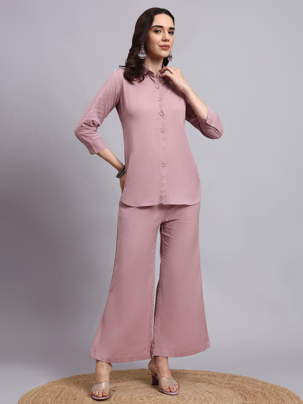 Women Peach Plain Cotton Shirt & Pant set