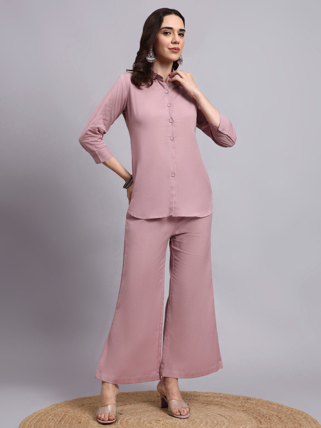 Women Peach Plain Cotton Shirt & Pant set