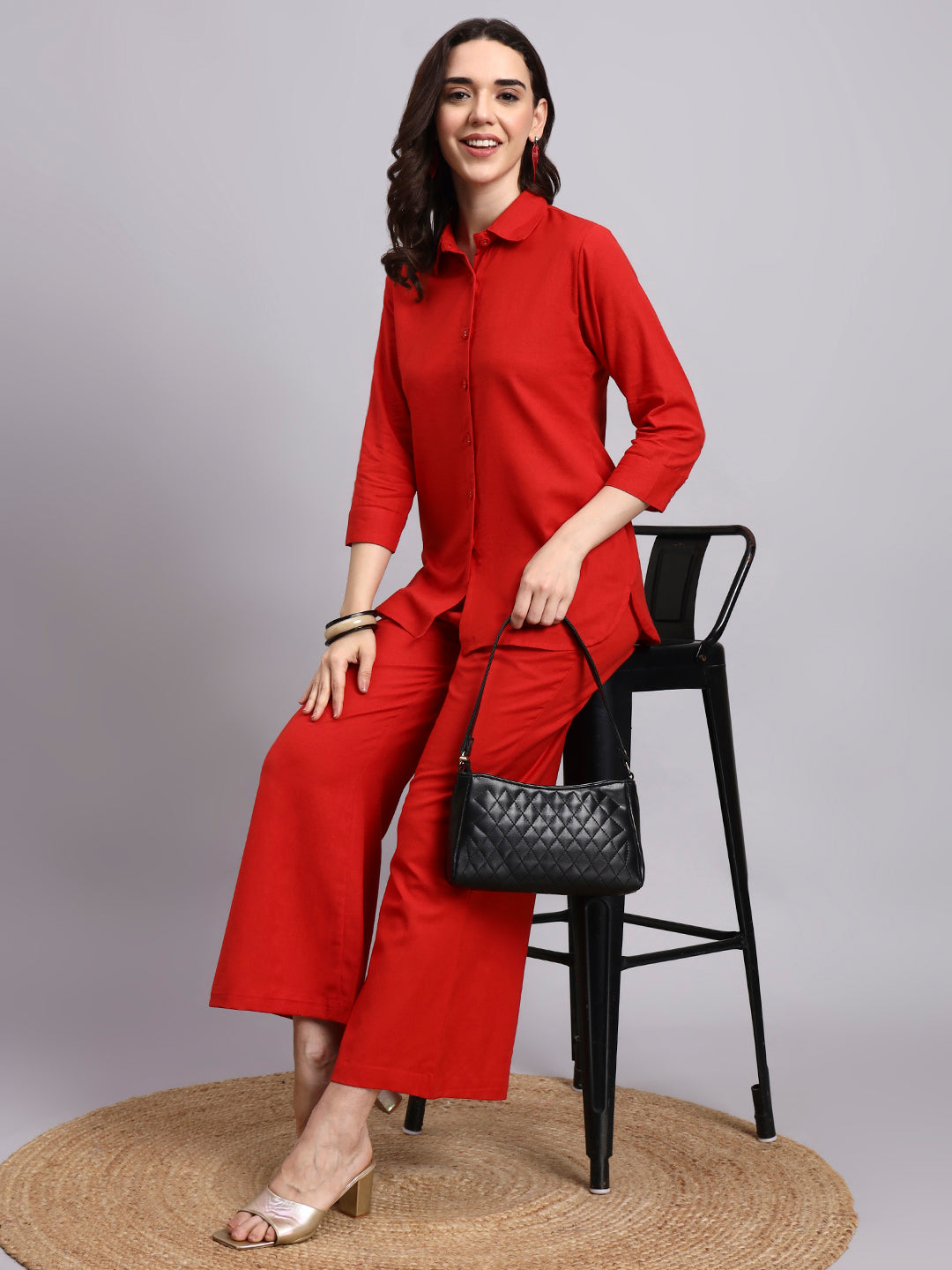 Women Red Plain Cotton Shirt & Shorts