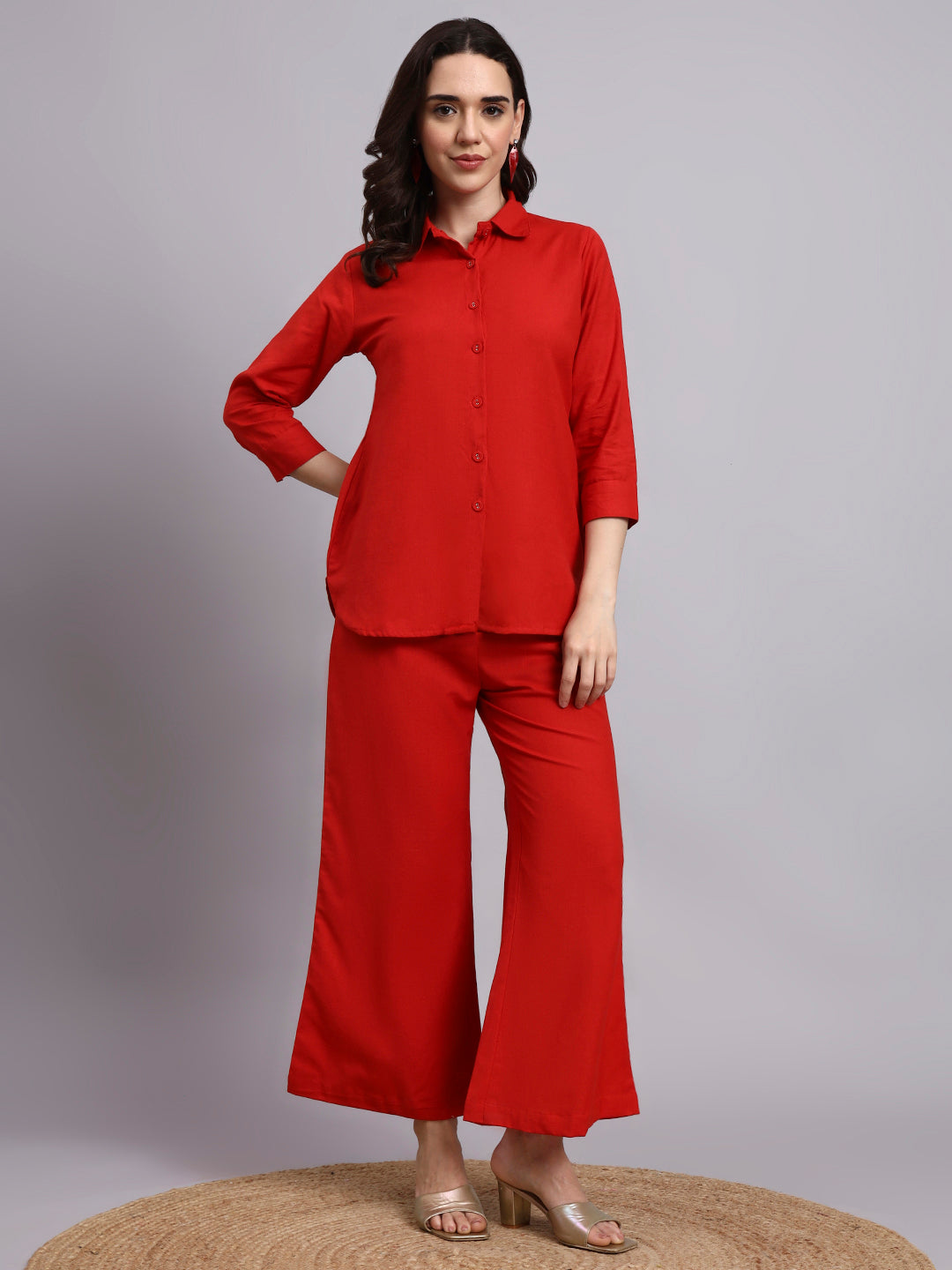 Women Red Plain Cotton Shirt & Shorts