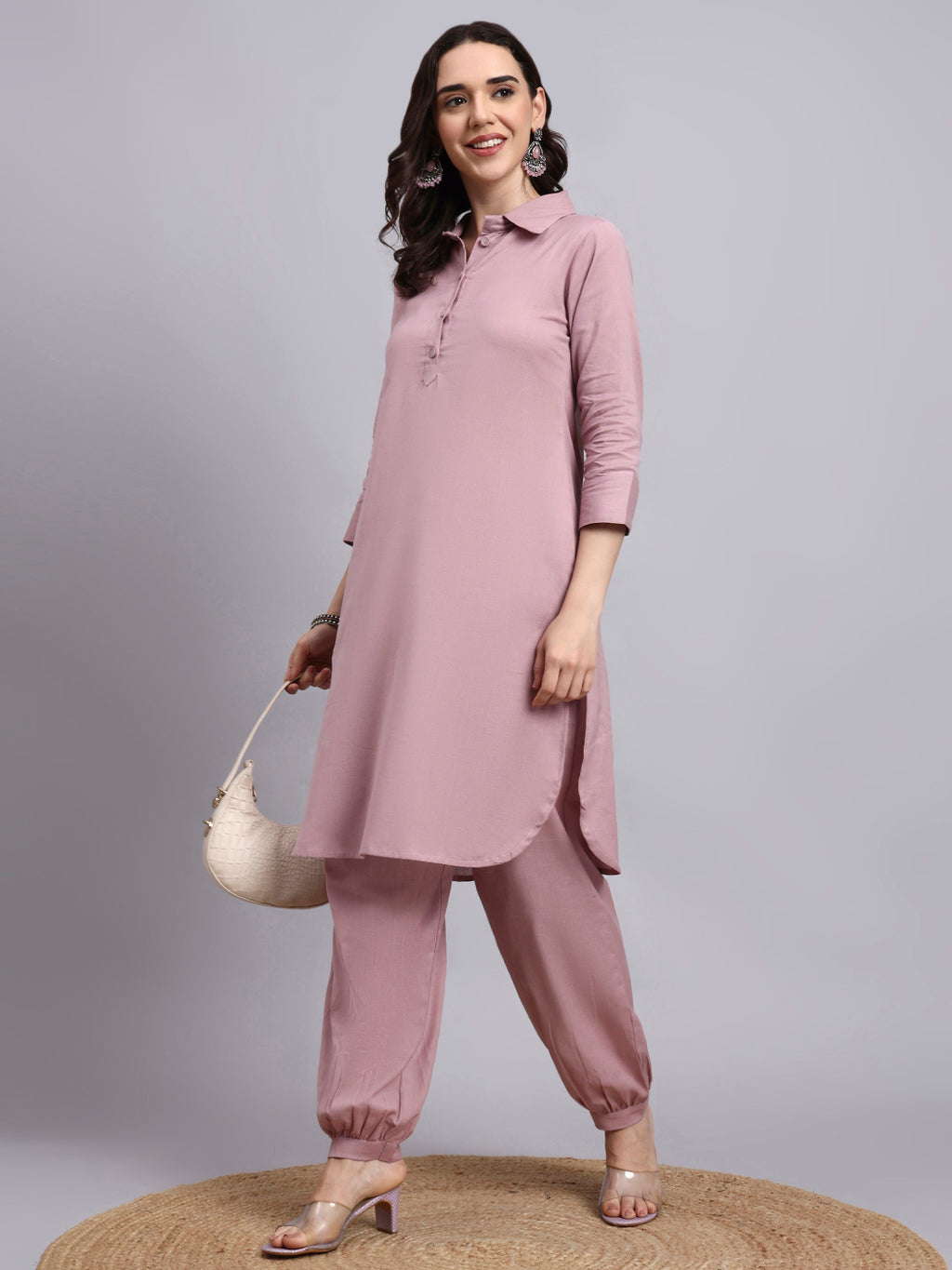 Women Peach Plain Cotton flex Kurta pant set