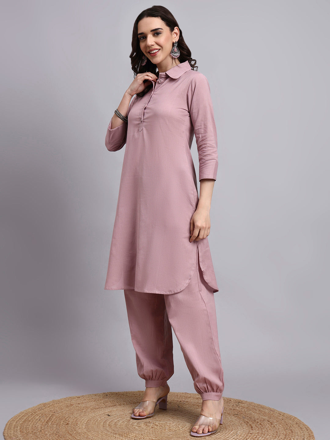 Women Peach Plain Cotton flex Kurta pant set