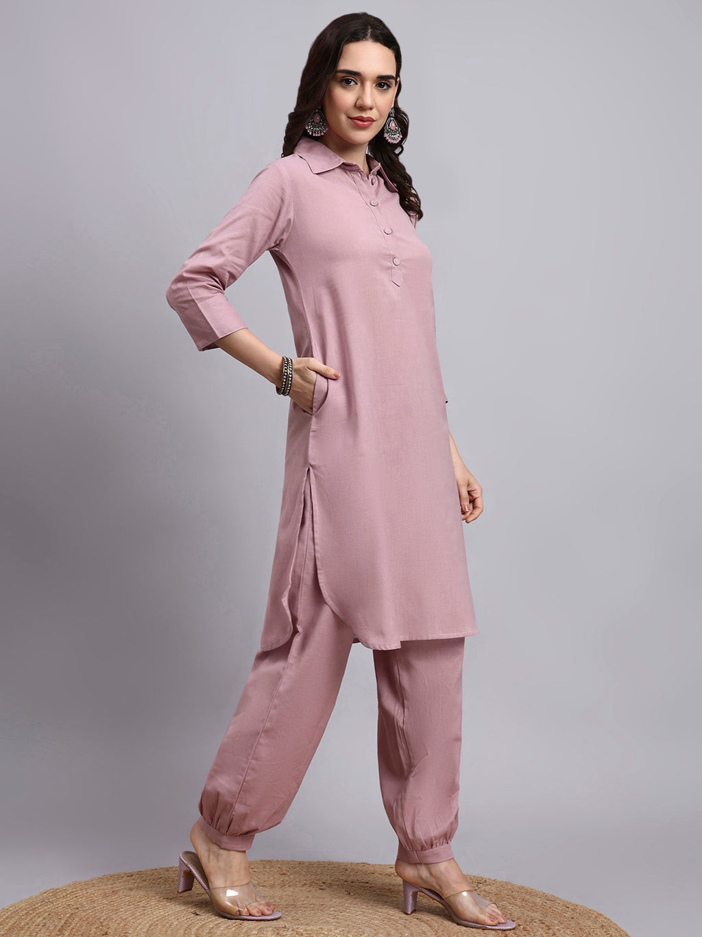 Women Peach Plain Cotton flex Kurta pant set