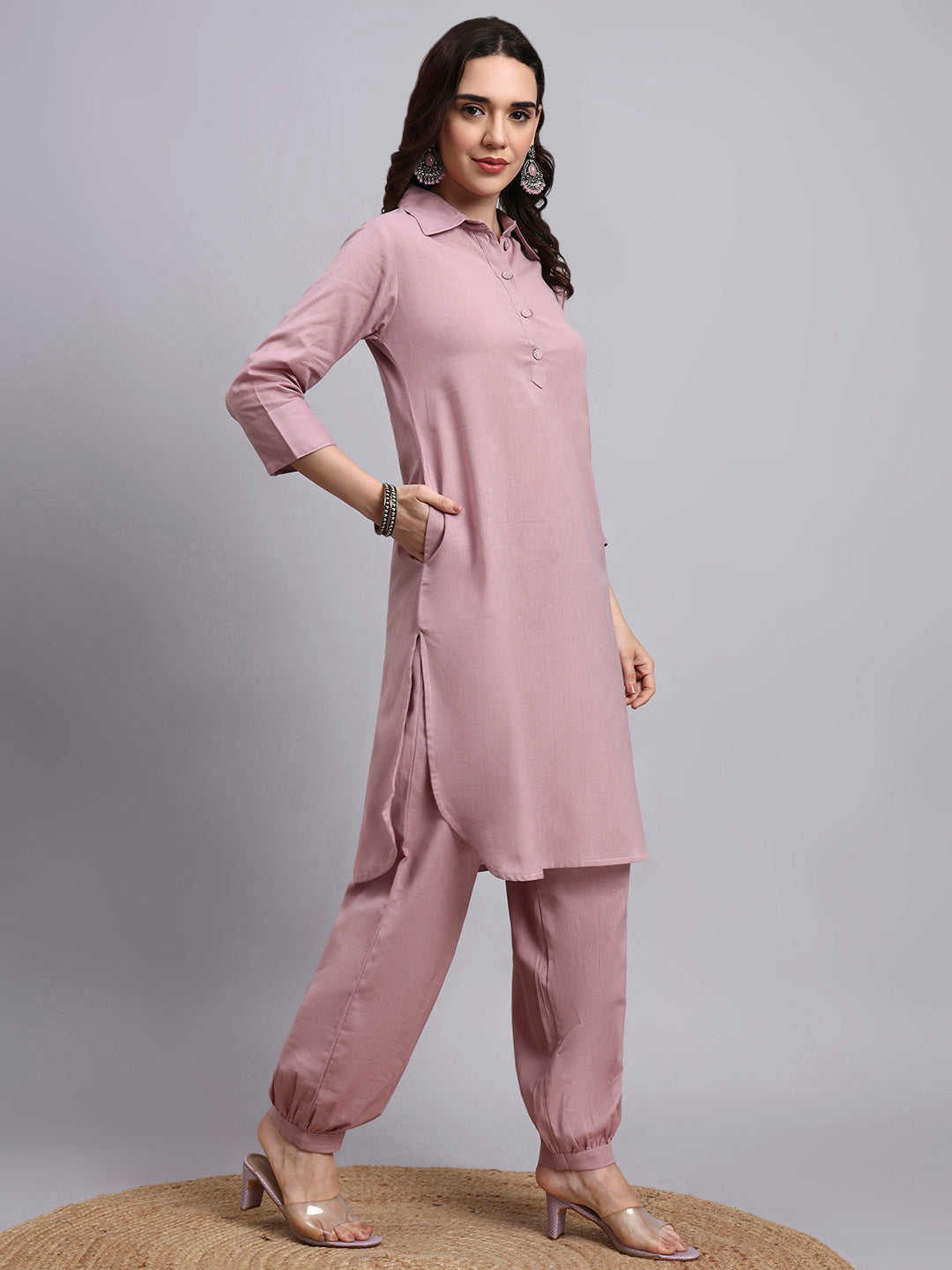 Women Peach Plain Cotton flex Kurta pant set