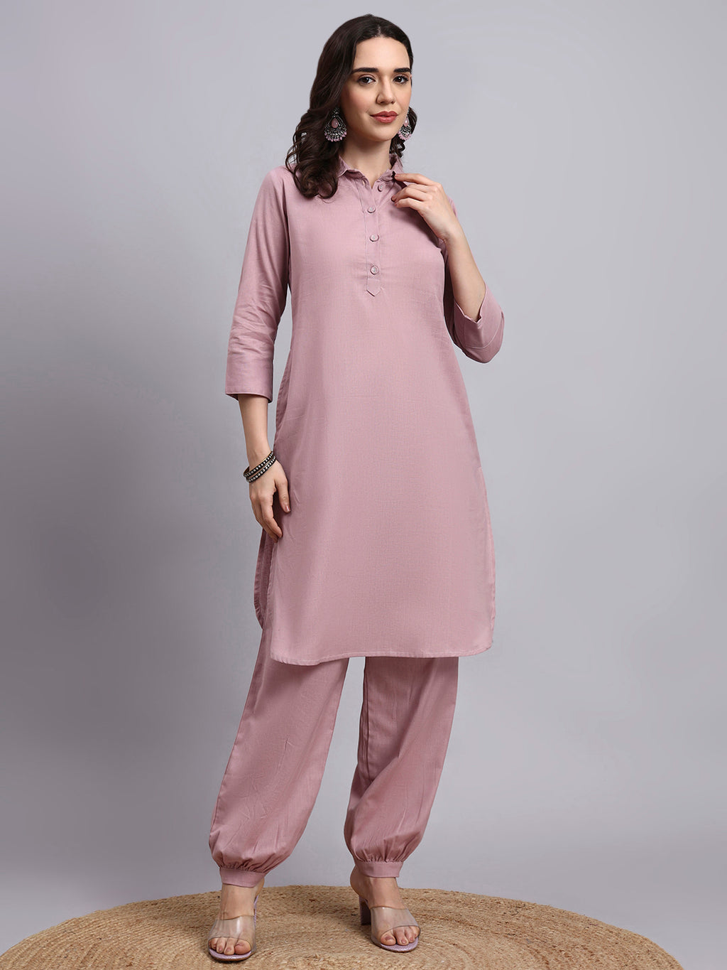 Women Peach Plain Cotton flex Kurta pant set