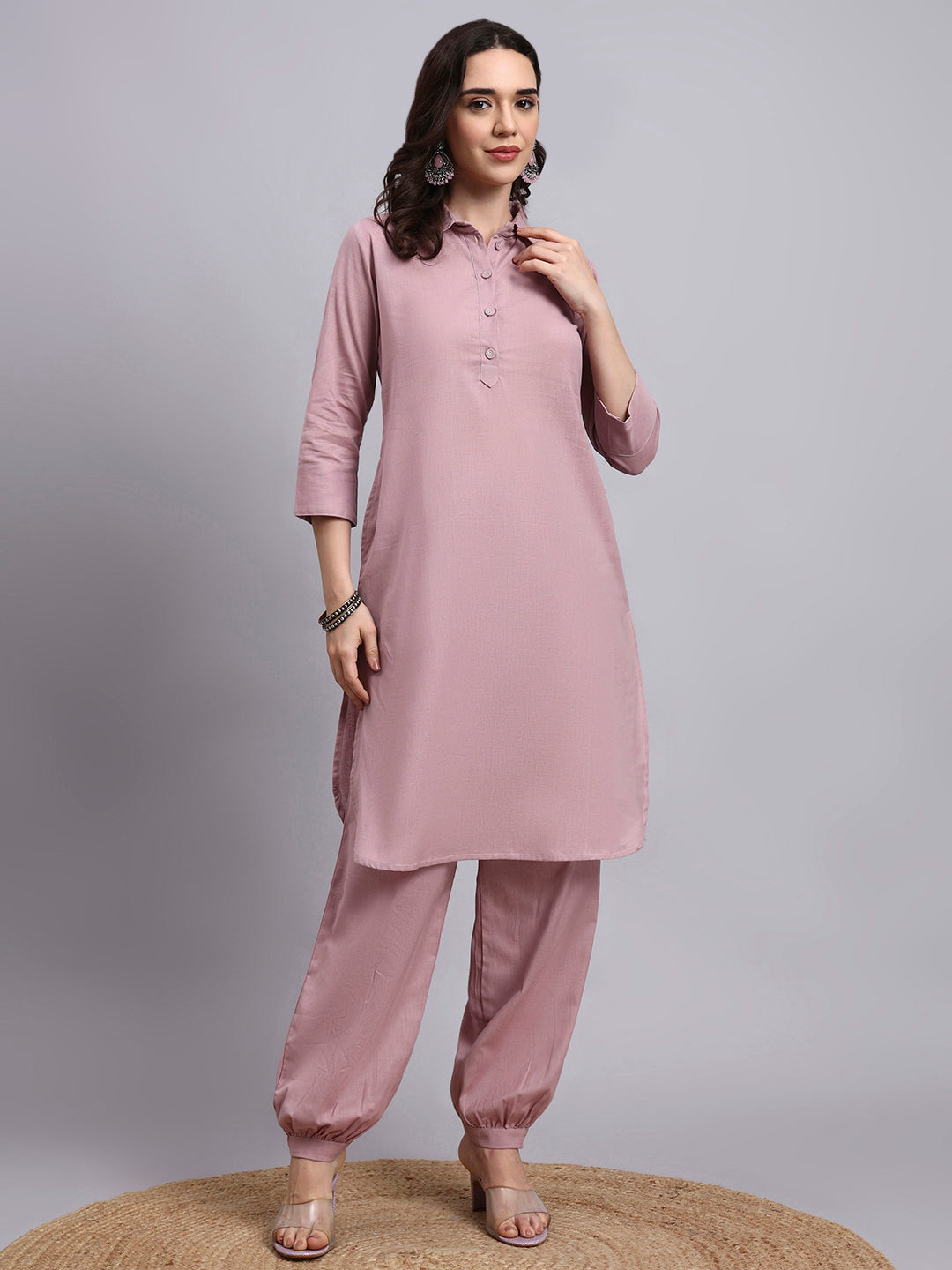 Women Peach Plain Cotton flex Kurta pant set