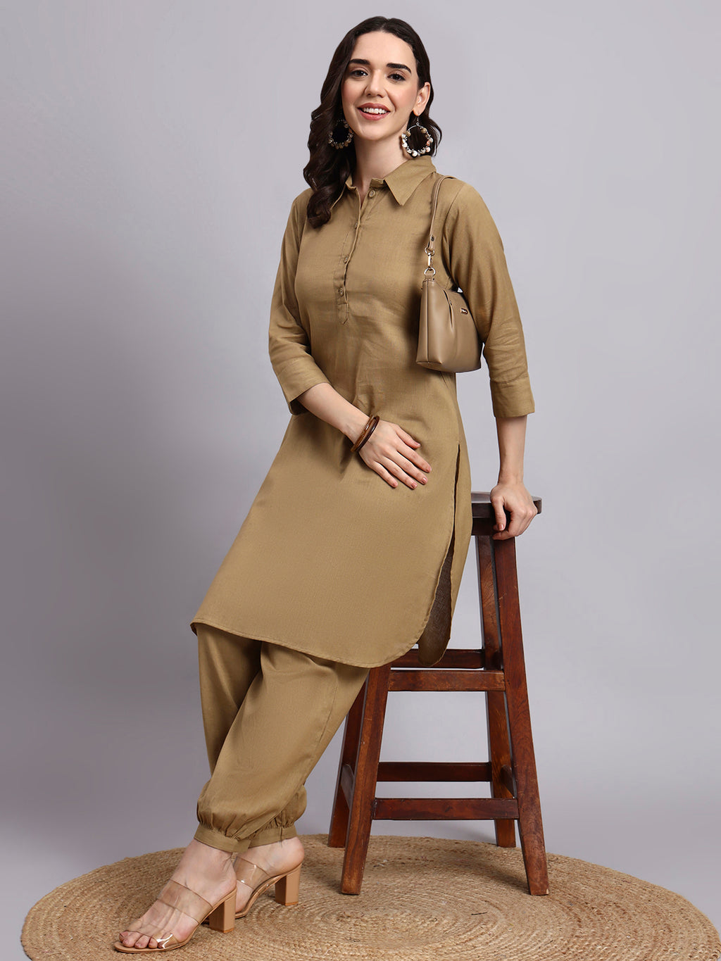Women Khaki Plain Cotton flex Kurta pant set