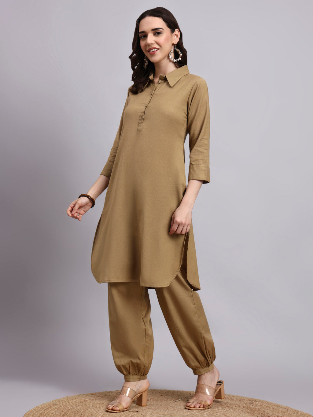 Women Khaki Plain Cotton flex Kurta pant set