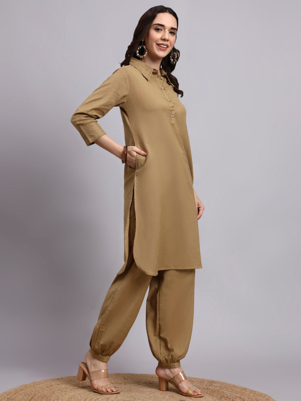 Women Khaki Plain Cotton flex Kurta pant set
