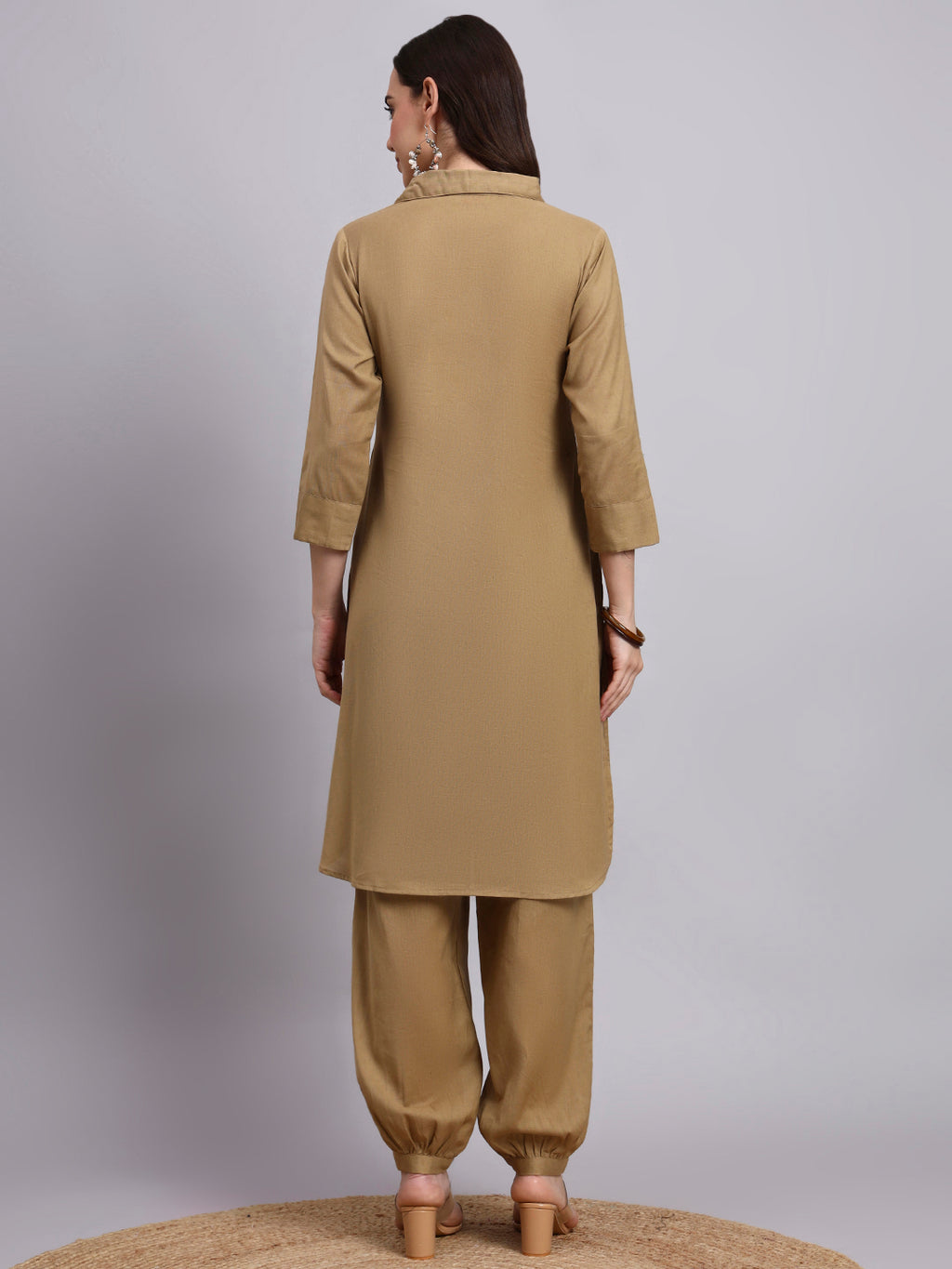 Women Khaki Plain Cotton flex Kurta pant set
