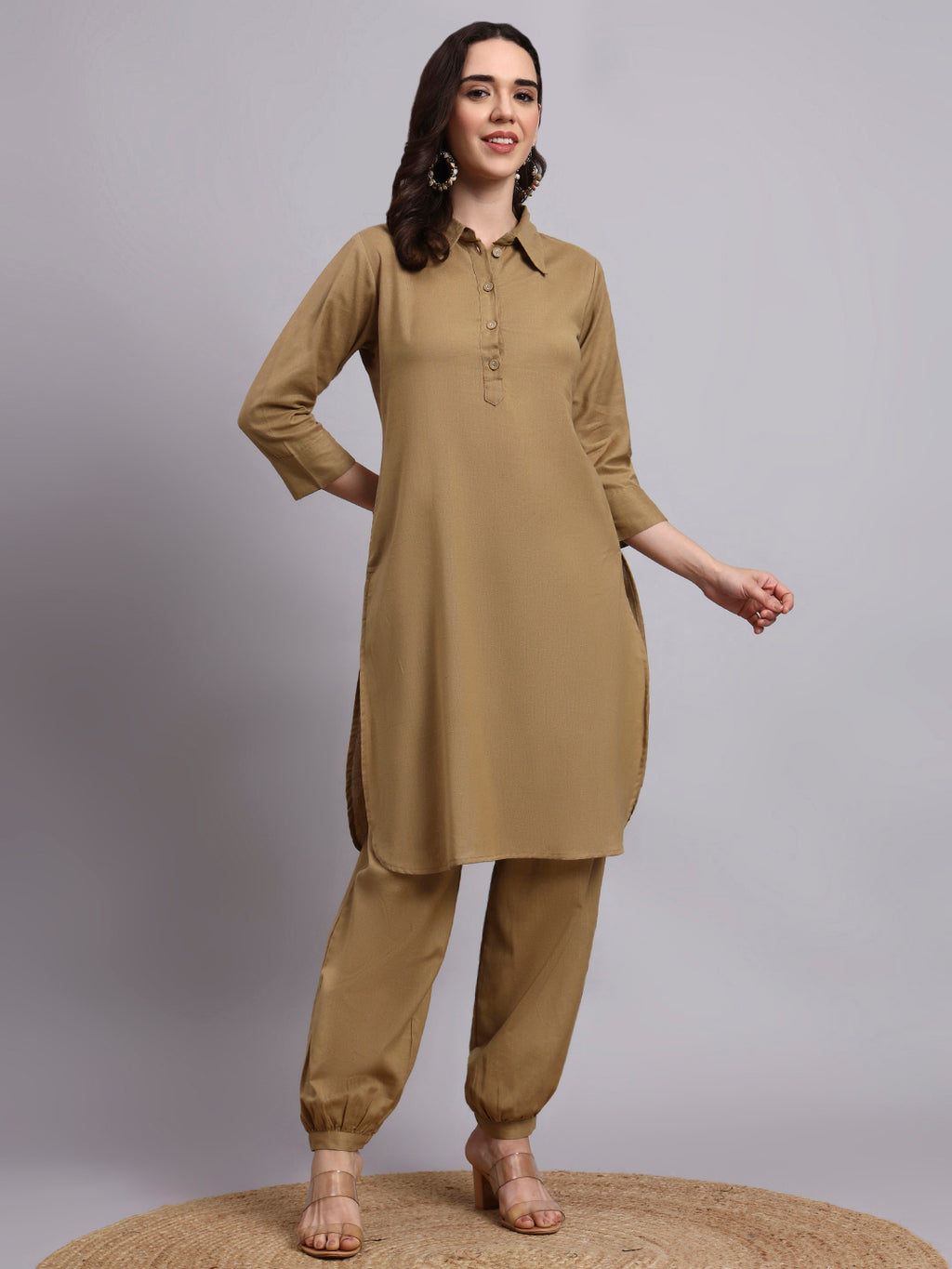 Women Khaki Plain Cotton flex Kurta pant set
