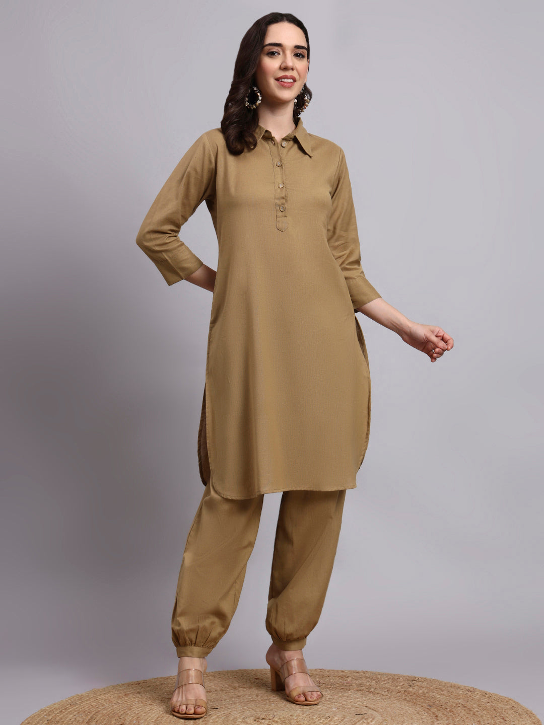 Women Khaki Plain Cotton flex Kurta pant set