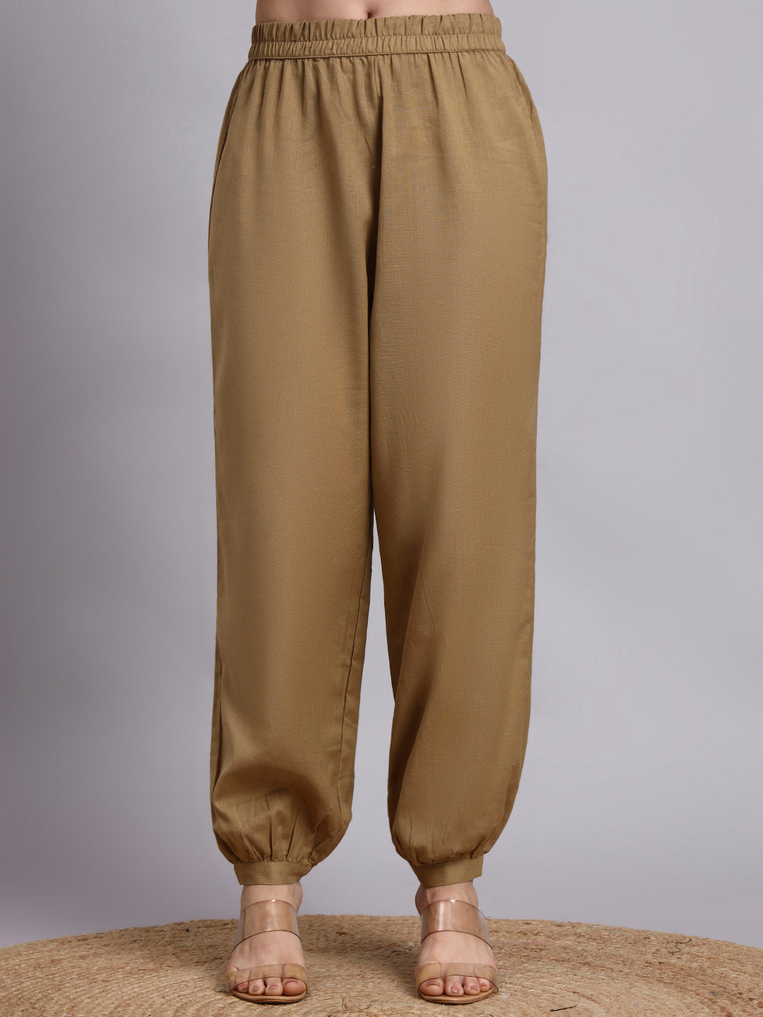 Women Khaki Plain Cotton flex Kurta pant set