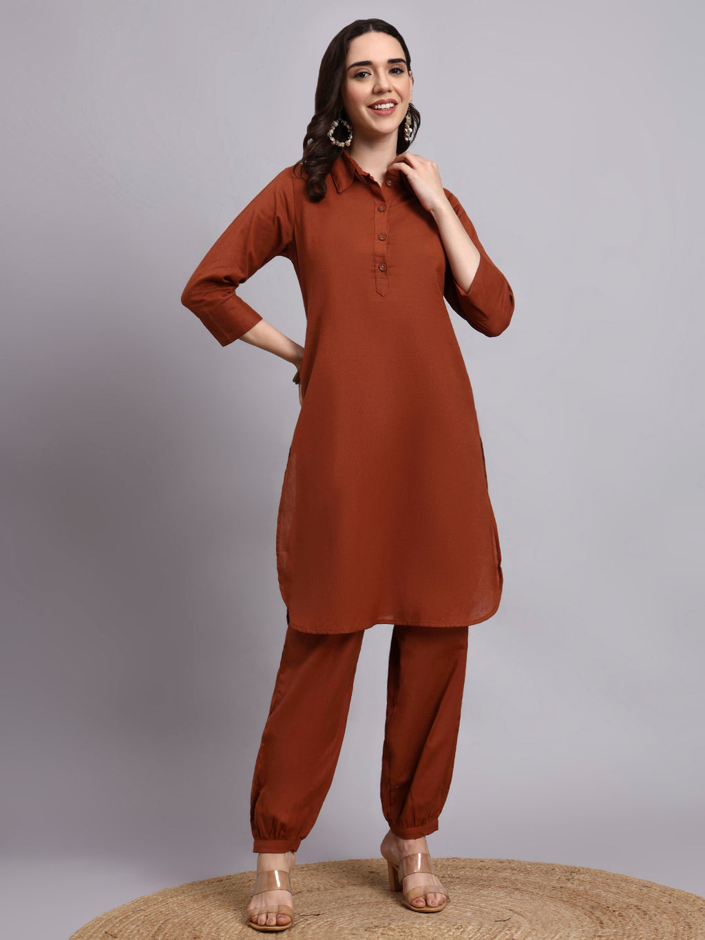 Women Brown Plain Cotton lurex Kurta pant set