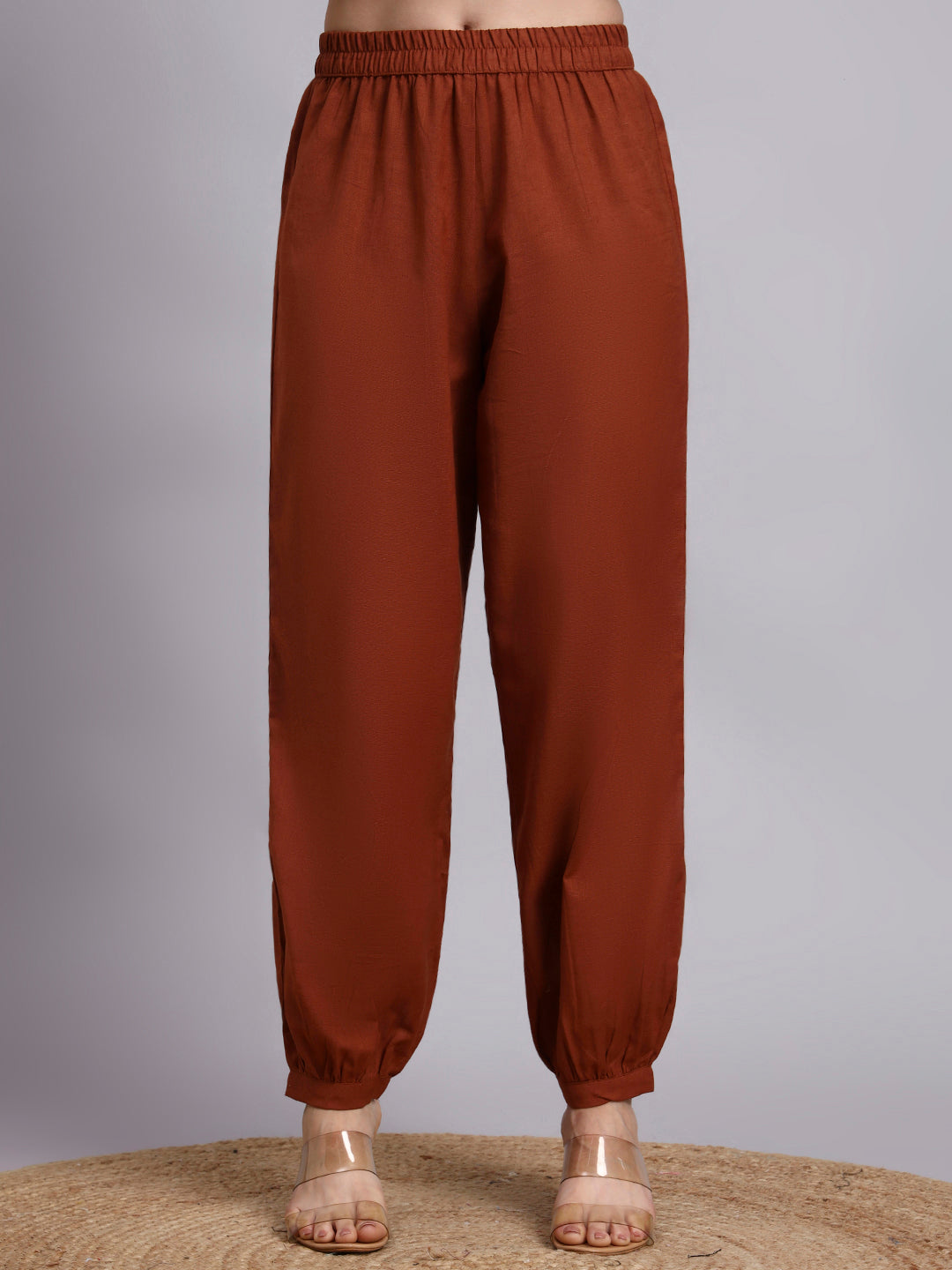 Women Brown Plain Cotton lurex Kurta pant set