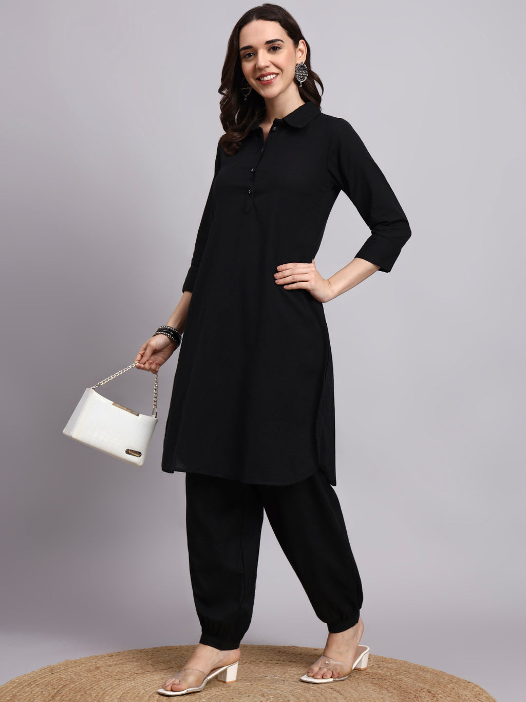 Women Black Plain Rayon Kurta & Dhoti Pants