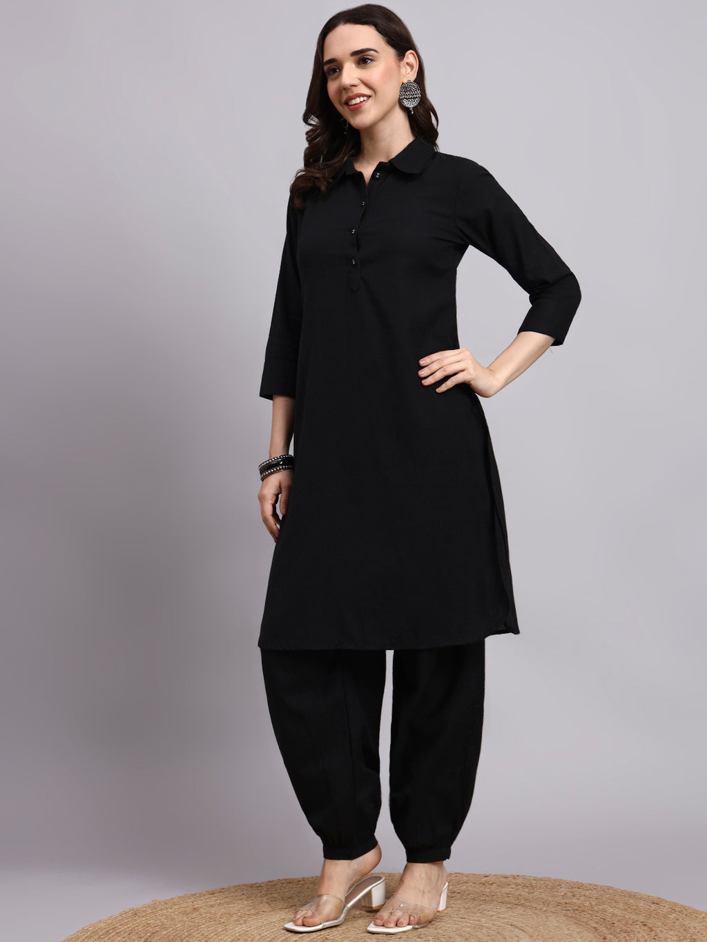 Women Black Plain Rayon Kurta & Dhoti Pants