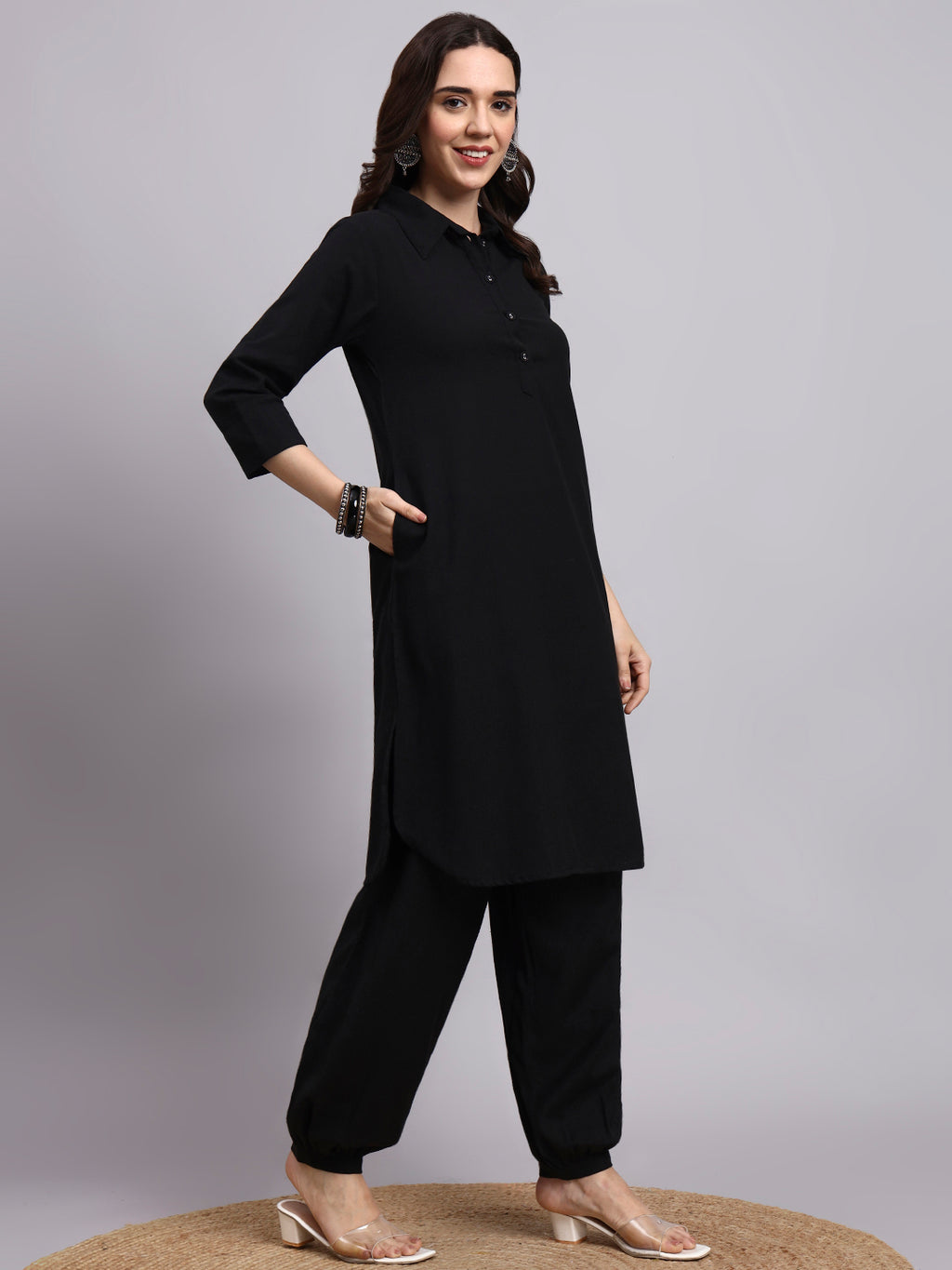 Women Black Plain Rayon Kurta & Dhoti Pants