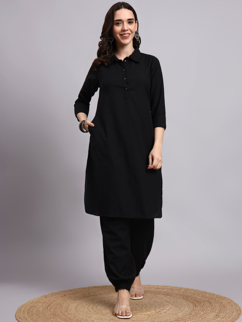 Women Black Plain Rayon Kurta & Dhoti Pants