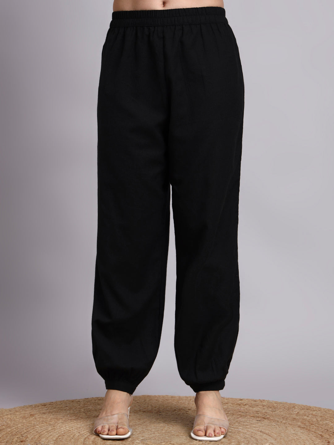 Women Black Plain Rayon Kurta & Dhoti Pants