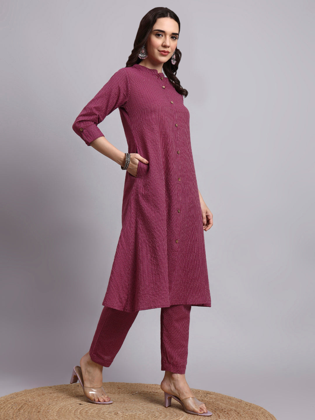 Women Purple Plain Cotton katha Kurta pant set