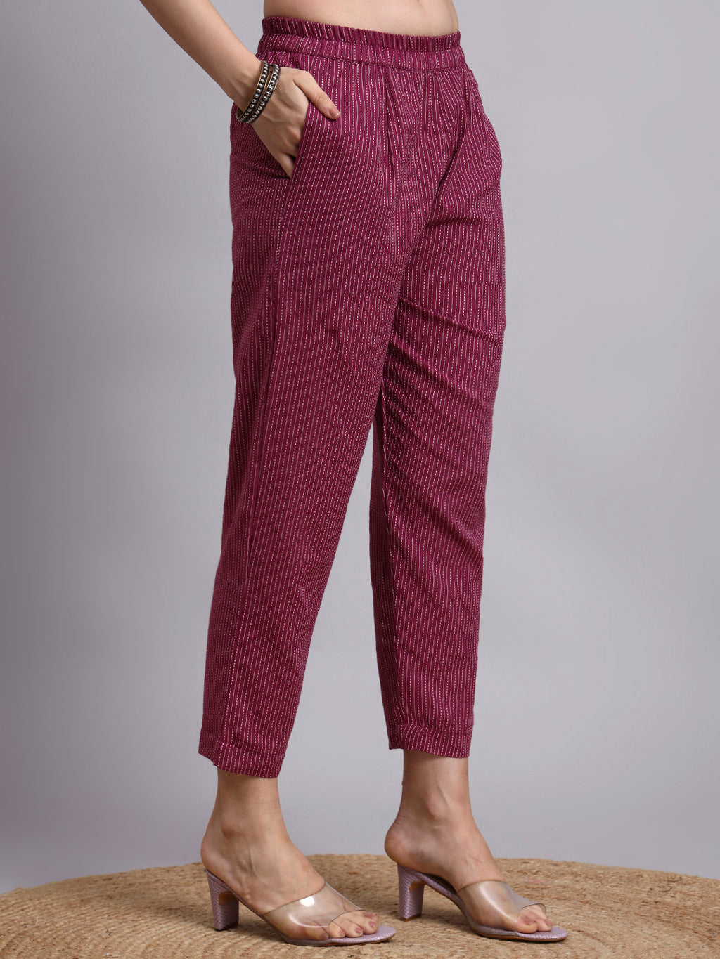 Women Purple Plain Cotton katha Kurta pant set