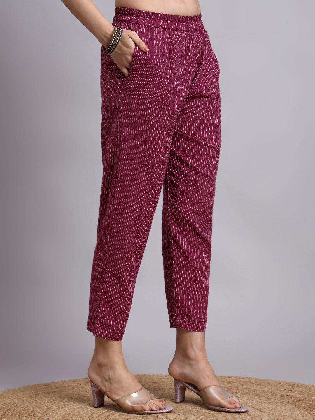 Women Purple Plain Cotton katha Kurta pant set